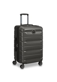 Valigia rigida di colore grigio scuro, con design rigato, manico retrattile, quattro ruote e chiusura con zipper.