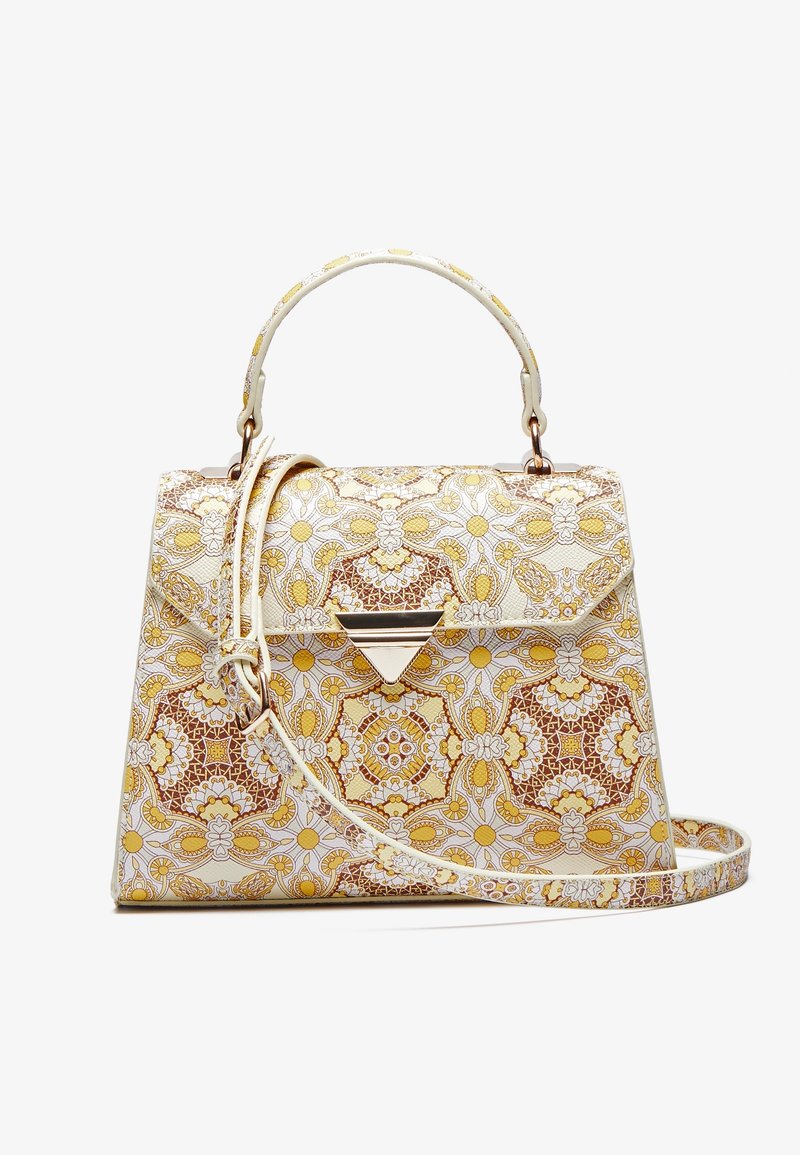 Rakenne käsilaukku, jossa keltaruskeat kukkakuviot ja teksturoitu materiaali, varustettu yläkahvalla ja irrotettavalla olkahihnalla.