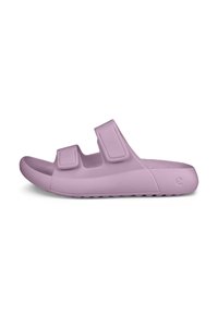 Fialové gumové sandále na sklze s dvoma nastaviteľnými Velcro popruhmi, okrúhlou špičkou, textúrovanou podrážkou a minimalistickým dizajnom.