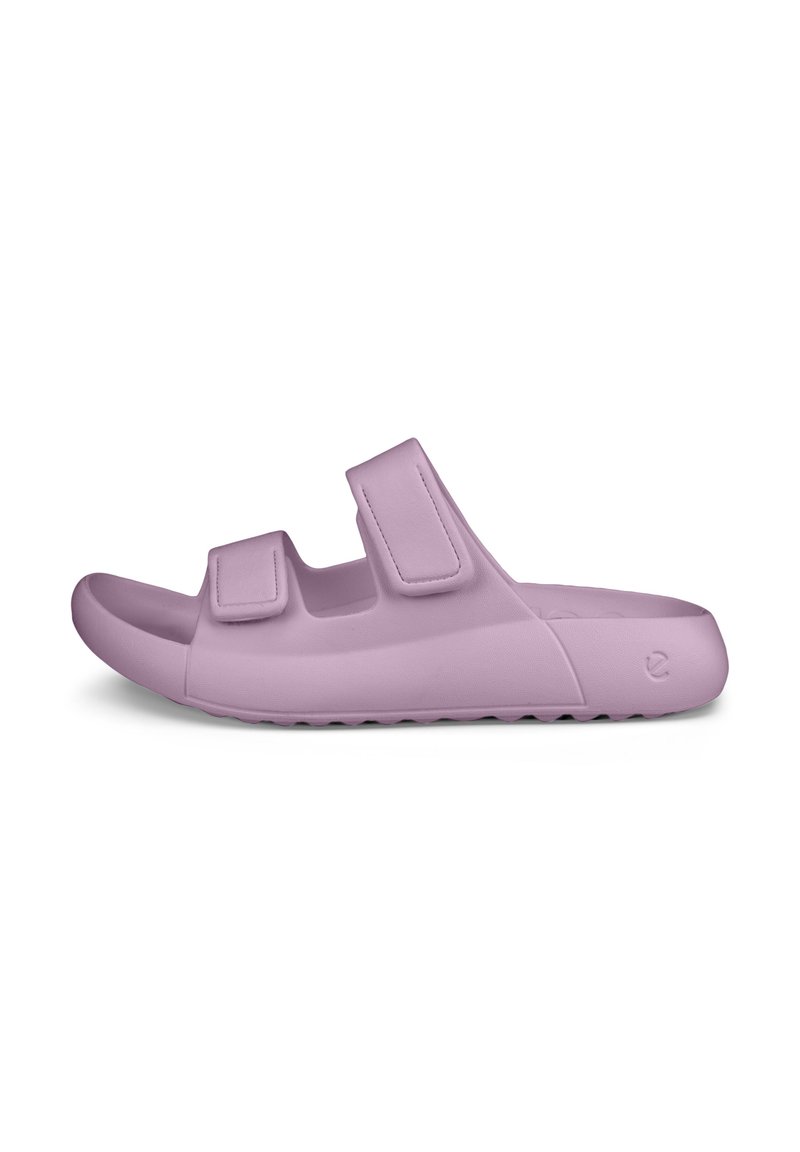 Fialové gumové sandále na sklze s dvoma nastaviteľnými Velcro popruhmi, okrúhlou špičkou, textúrovanou podrážkou a minimalistickým dizajnom.