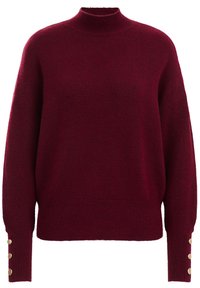 Burgundský pletený svetr s vysokým límcem, volným střihem a zlatými knoflíky na manžetách. Měkká textura a žebrovaný límec a spodní lem.