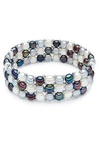 Elastic bracelet featuring a mix of round pearls in shades of white, gray, and dark hues, interspersed with silver-tone accents.