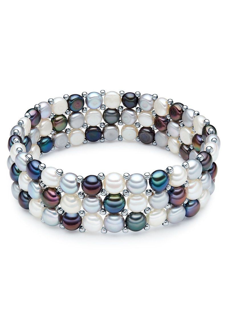 Elastic bracelet featuring a mix of round pearls in shades of white, gray, and dark hues, interspersed with silver-tone accents.