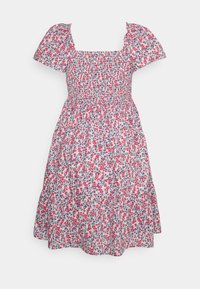 Blumenkleid mit quadratischem Ausschnitt, kurzen Puffärmeln, gerafftem Oberteil und einem ausgestellten Rock. Verfügt über kleine rote und blaue Blumen auf weißem Hintergrund.