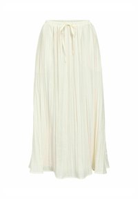 Falda maxi en blanco roto, con un diseño plisado, cintura elástica con cordón y forma fluida.