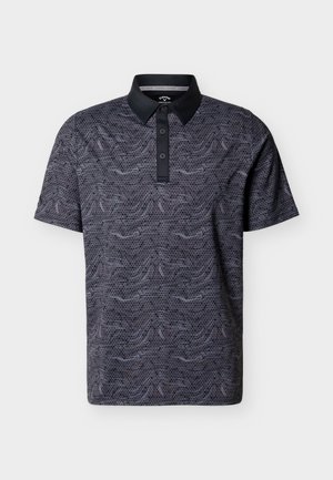 Mørkegrå kortærmet polo med sort krave, knaplukning og diskret sekskantet mønstret stof.