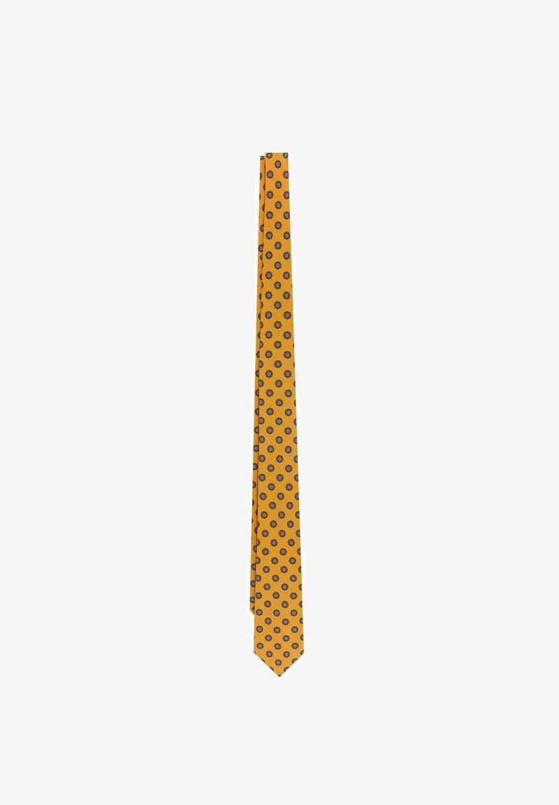 Corbata amarilla con patrones circulares en azul oscuro. Hecha de una tela suave, presenta una forma delgada clásica y una punta puntiaguda.