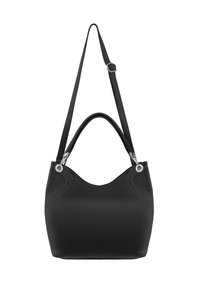 Black leather handbag with a textured finish, slouchy hobo shape, silver hardware accents, and a single shoulder strap for carrying.