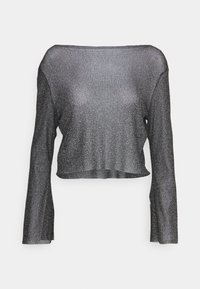 Černý, lesklý crop top s dlouhým rukávem, lodní výstřih a měkká, strukturovaná tkanina. Má rovný lem a volný střih.