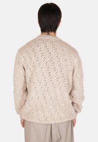Maglione lavorato a maglia beige chiaro con un motivo testurizzato. Presenta un collo rotondo e maniche lunghe. La vista posteriore mostra un dettagliato punto aperto.