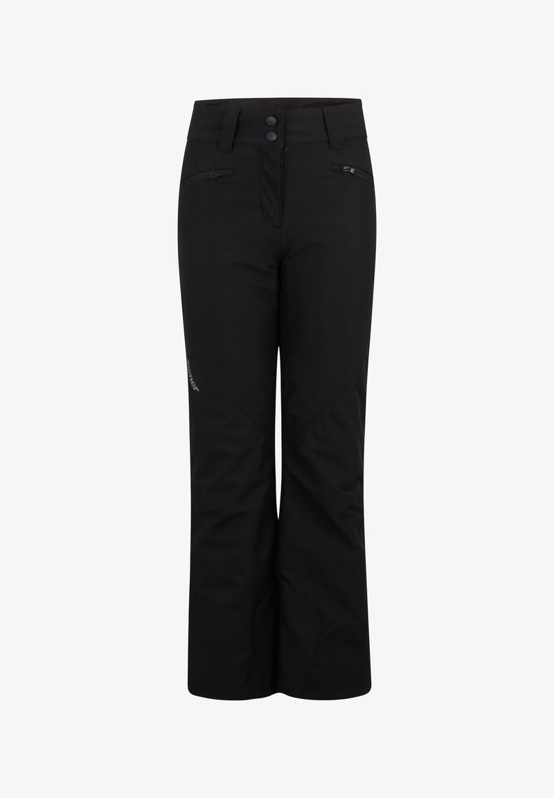 Black snow pants with a straight fit, featuring two zippered pockets, button closure, and a textured fabric for durability.