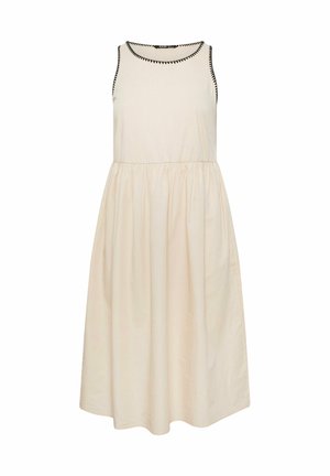 Cream-colored sleeveless dress with a gathered waist, featuring black stitching around the neckline and armholes. Smooth cotton texture.