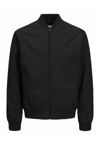 Svart bomberjacka med dragkedja, ribbad krage och mudd. Tillverkad av slät tyg med en minimalistisk design och utan synliga mönster.