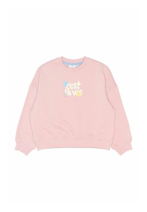 Różowy sweter z bawełny, z okrągłym dekoltem i niższymi ramionami. Na przodzie znajduje się graficzny nadruk z napisem "c'est la vie" w wielokolorowych literach.