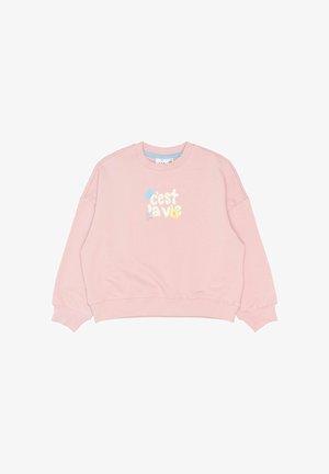 Rosa Sweatshirt aus Baumwolle mit Rundhalsausschnitt und fallenden Schultern. Der Grafiktext auf der Vorderseite lautet "c'est la vie" in bunten Buchstaben.