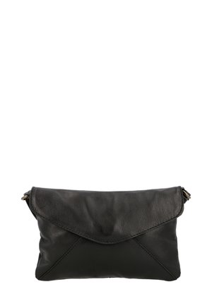 Borsa a tracolla nera in pelle con patta pieghevole, dettagli di design triangolari e una texture liscia. Presenta una tracolla rimovibile.
