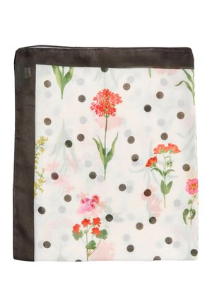 Valge sall mustade täppidega ja musta äärega, kaunistatud roosade, punaste ja oranžide lillemustriga.