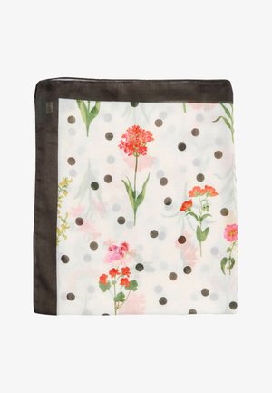 Fehér sál fekete pöttyökkel és fekete szegéllyel, rózsaszín, piros és narancssárga virágmintákkal díszítve.