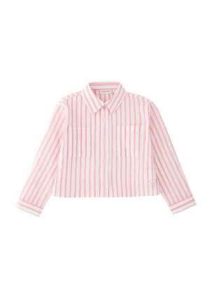 Camicia a maniche lunghe con bottoni, a righe verticali rosa e bianche, con due tasche sul petto e colletto appuntito.