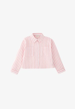 Camicia a maniche lunghe con bottoni, a righe verticali rosa e bianche, con due tasche sul petto e colletto appuntito.