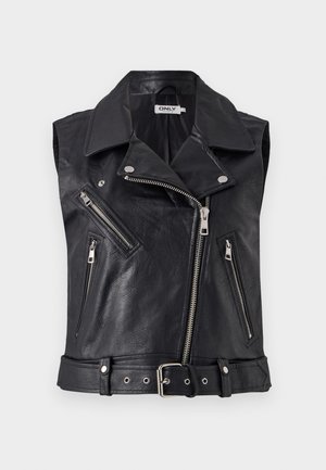 Black leather sleeveless biker vest with a collar, multiple zippered pockets, and a belted waist. Textured surface and metallic hardware accents.