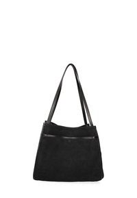 Borsa in suede nera con due lunghe cinghie a spalla, una chiusura con zip e una tasca frontale con un accento in pelle orizzontale.