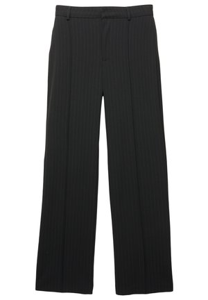 Črne hlače z pinstripes krojenjem, ravnimi nogavicami, z zankami za pas in zadrgo spredaj.