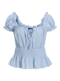 Light blue, short-sleeve top with ruffled accents, smocked waist, and textured fabric. Features a tie closure at the neckline.