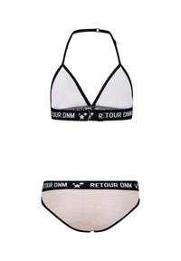 Lichtroze mesh driehoek bralette met zwarte rand en logo band; bijpassende onderkant heeft een kanten textuur en een zwarte logo tailleband.