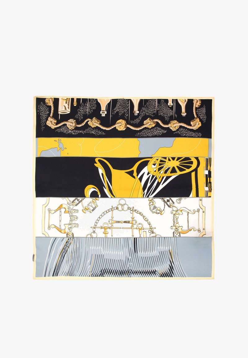 Écharpe en soie à design multicolore avec des sections noires, jaunes et grises, représentant divers motifs et textures complexes.