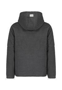 Dark gray fleece jacket with a hood, textured surface, and label at the back. Simple design with long sleeves and a straight cut.