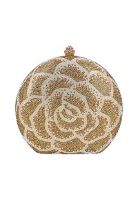 Torebka kopertówka zdobiona koralikami w złotych odcieniach, z motywem róży o misternych detalach i zaokrąglonym kształcie. Uzupełniona fakturowanym zapięciem.