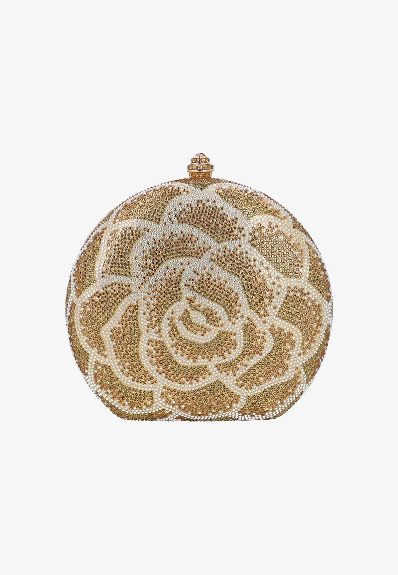Pochette con perline in tonalità oro, caratterizzata da un design a rosa con dettagli intricati e forma arrotondata. Arricchita da una chiusura testurizzata.