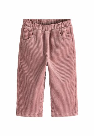 Pantalones de pana rosa para niño pequeño con cintura elástica y bolsillos delanteros, corte recto, sobre un fondo blanco.