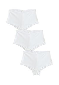 White cotton high-waisted briefs with ribbed texture, featuring a smooth waistband and soft elastic edges. Four pairs stacked neatly.