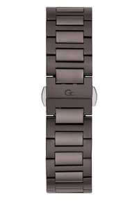 Bracciale in metallo con una finitura alternata spazzolata e lucida. Colore grigio scuro con maglie rettangolari e un chiusura a scorrimento liscia.