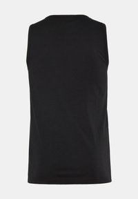 Svart ärmlös linne med rundad halsringning, tillverkad av mjukt tyg, med en enhetlig färg utan mönster eller utsmyckningar.