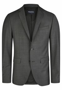 Dunkelgrauer Blazer mit strukturiertem Finish, einreihige Knopfverschluss, zwei Vordertaschen und innerem gemusterten Futter. Klassische Reverskragen.