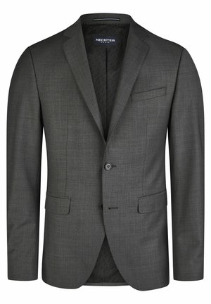 Donkergrijze blazer met een gestructureerde afwerking, sluiting met één knop, twee voorzakken en een binnenvoering met patroon. Klassieke notch revers.
