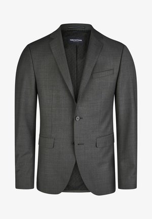Dunkelgrauer Blazer mit strukturiertem Finish, einreihige Knopfverschluss, zwei Vordertaschen und innerem gemusterten Futter. Klassische Reverskragen.