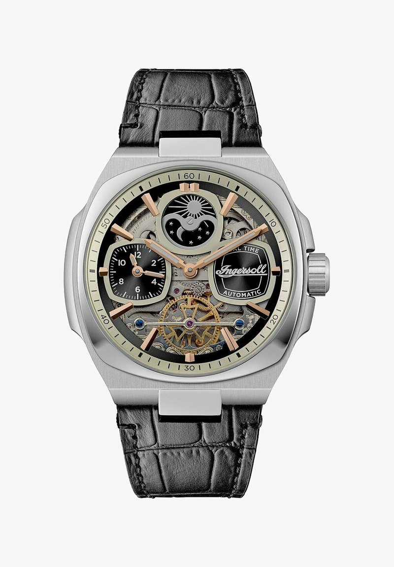 Automatische Uhr mit einem Gehäuse aus silbernem Edelstahl, schwarzem Lederarmband im Krokodil-Muster, kunstvollem Skelett-Zifferblatt, goldenen Akzenten und zwei kleinen Zifferblättern.