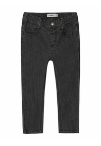 Mörkgrå slim-fit jeans med denim-textur, som har framfickor, knappstängning och subtila sömnadsdetaljer.