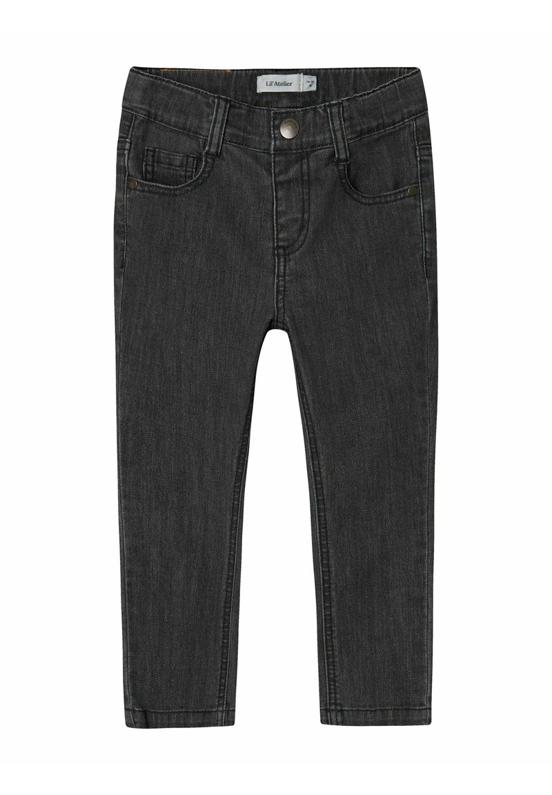Mörkgrå slim-fit jeans med denim-textur, som har framfickor, knappstängning och subtila sömnadsdetaljer.