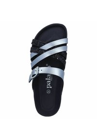 Black and silver slide sandal featuring crisscross straps with glitter accents, a smooth upper, and a cushioned footbed. Buckle detail included.