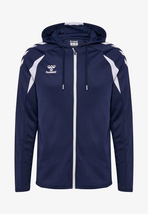 Marineblauwe hoodie met volledige ritssluiting, witte schouderaccenten en hummel-logo op de borst, voorzien van trekkoorden en een ritssluiting aan de voorkant.