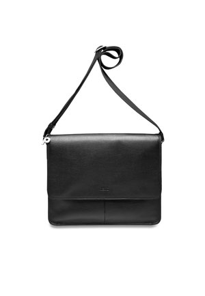 Black leather rectangular shoulder bag with flap closure and adjustable strap coiled at the top, shown against a white background.