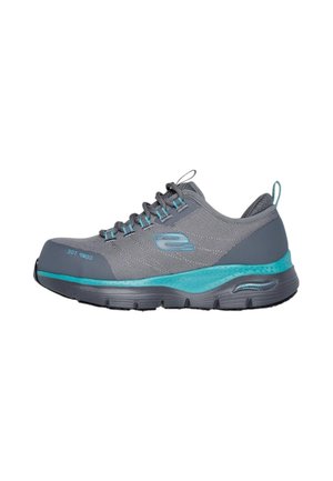 Scarpa sportiva grigia e turchese con design con lacci, suola ammortizzata e punta rinforzata etichettata "Comp Toe" sul lato.