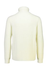 Off-white ribbad polotröja med långa ärmar, som har en hög krage och ett strukturerat stickmönster. Prydlig sömnad längs fållen och ärmsluten.