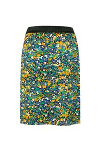 Falda a la altura de la rodilla con un patrón floral colorido en azul, verde, amarillo y blanco, que cuenta con una cinturilla negra elástica.