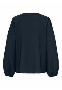 Navy blue long-sleeve blouse with a round neckline, puffed sleeves, and elastic cuffs, featuring a smooth, lightweight fabric.